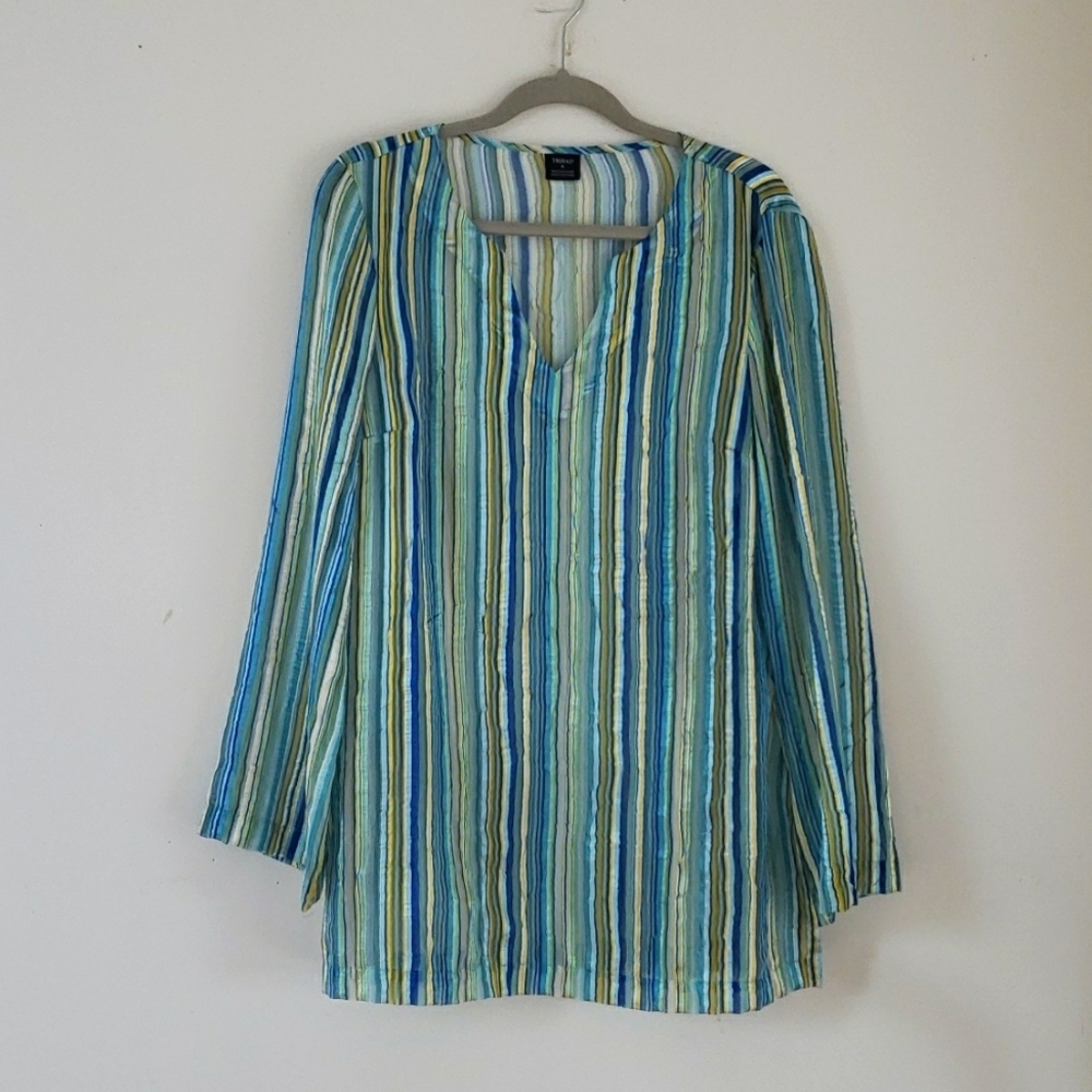 TRIBAL° Stripe Greens Multicolor Semi-sheer Split V Neck Blouse Tunic Sz 8